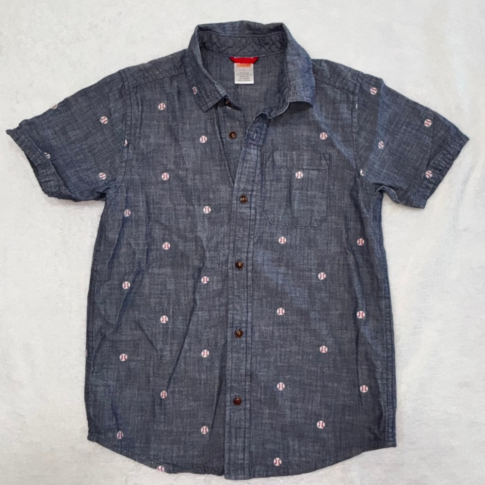 Boys Blue Chambray Baseball Embroidered Button Down Shirt